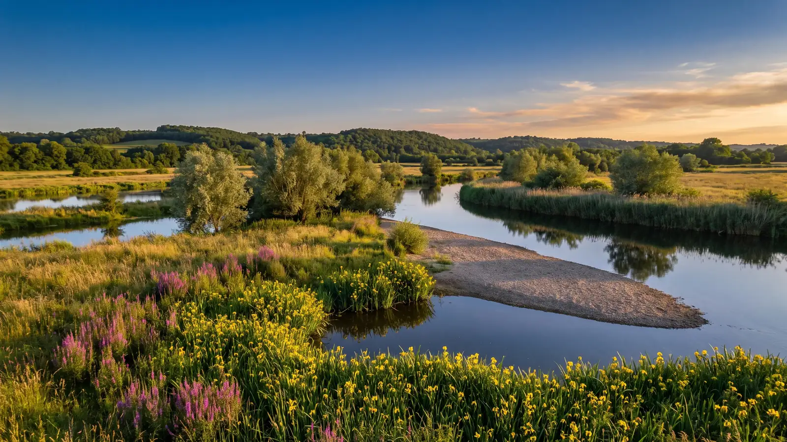 Une prairie humide au bord de la Dordogne en Gironde, roselières, saules et fleurs sauvages le long du fleuve calme