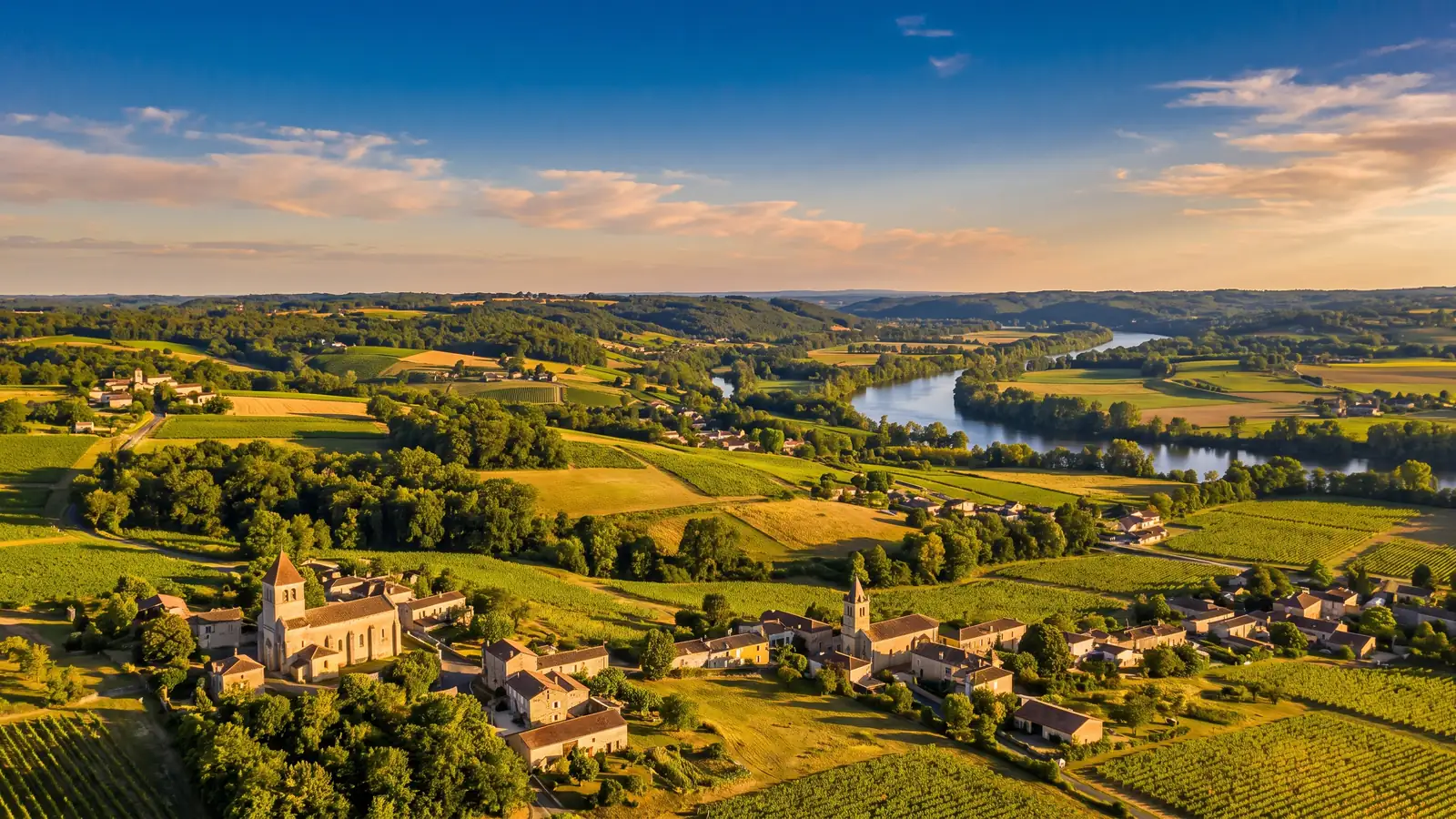 Un panorama du Pays Foyen, vignes, champs et hameaux descendant vers une grande boucle de la Dordogne