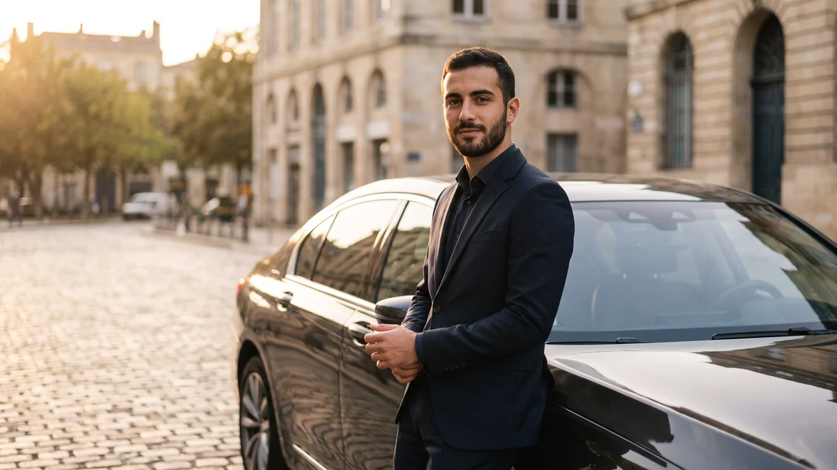 Portrait d'un chauffeur VTC en costume sombre, souriant, à Bordeaux