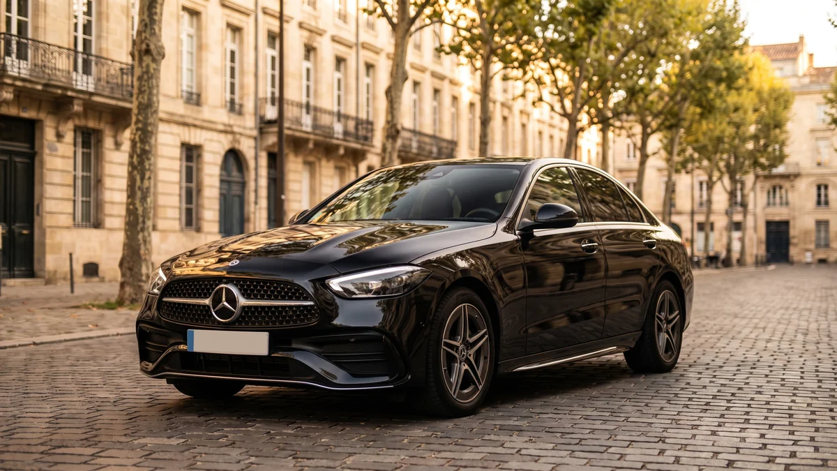 Berline Mercedes Classe C d'un chauffeur en formation dans une rue de Bordeaux