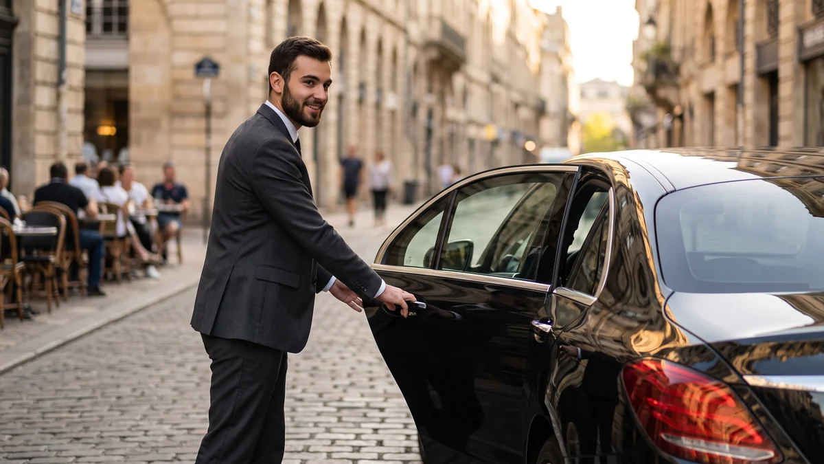 Chauffeur VTC ouvrant la portière arrière d'une berline pour accueillir un client à Bordeaux