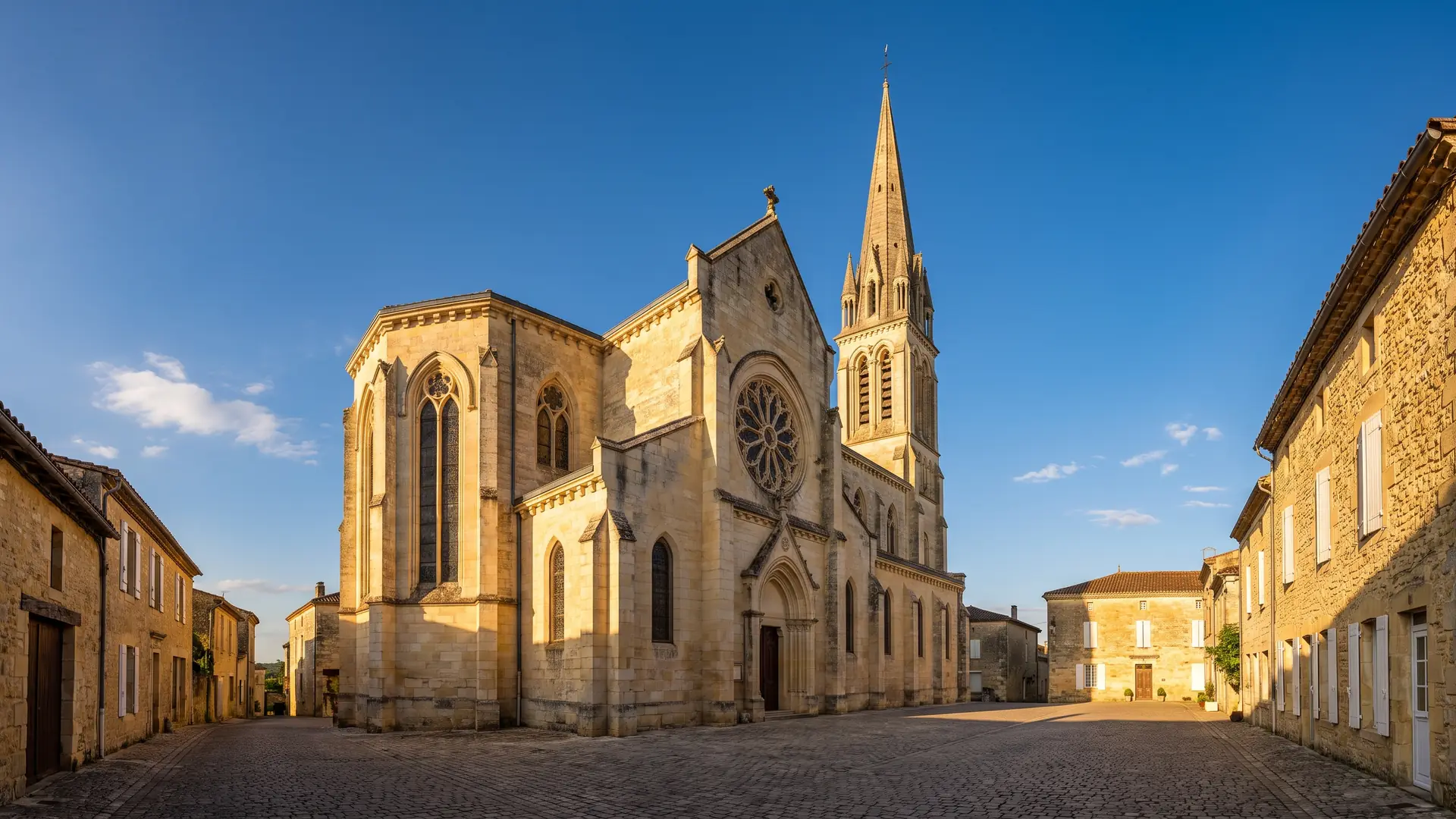 Une église de village néo-gothique en pierre, aux arcs brisés et à la flèche élancée, sur une petite place