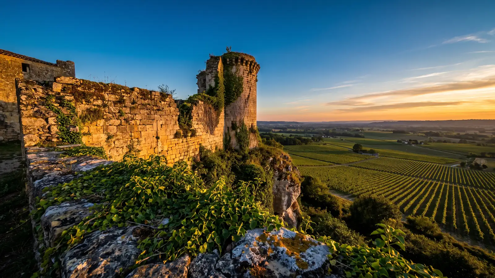 Des remparts médiévaux et une tour ruinée envahie de lierre sur un éperon rocheux dominant des vignes, au couchant