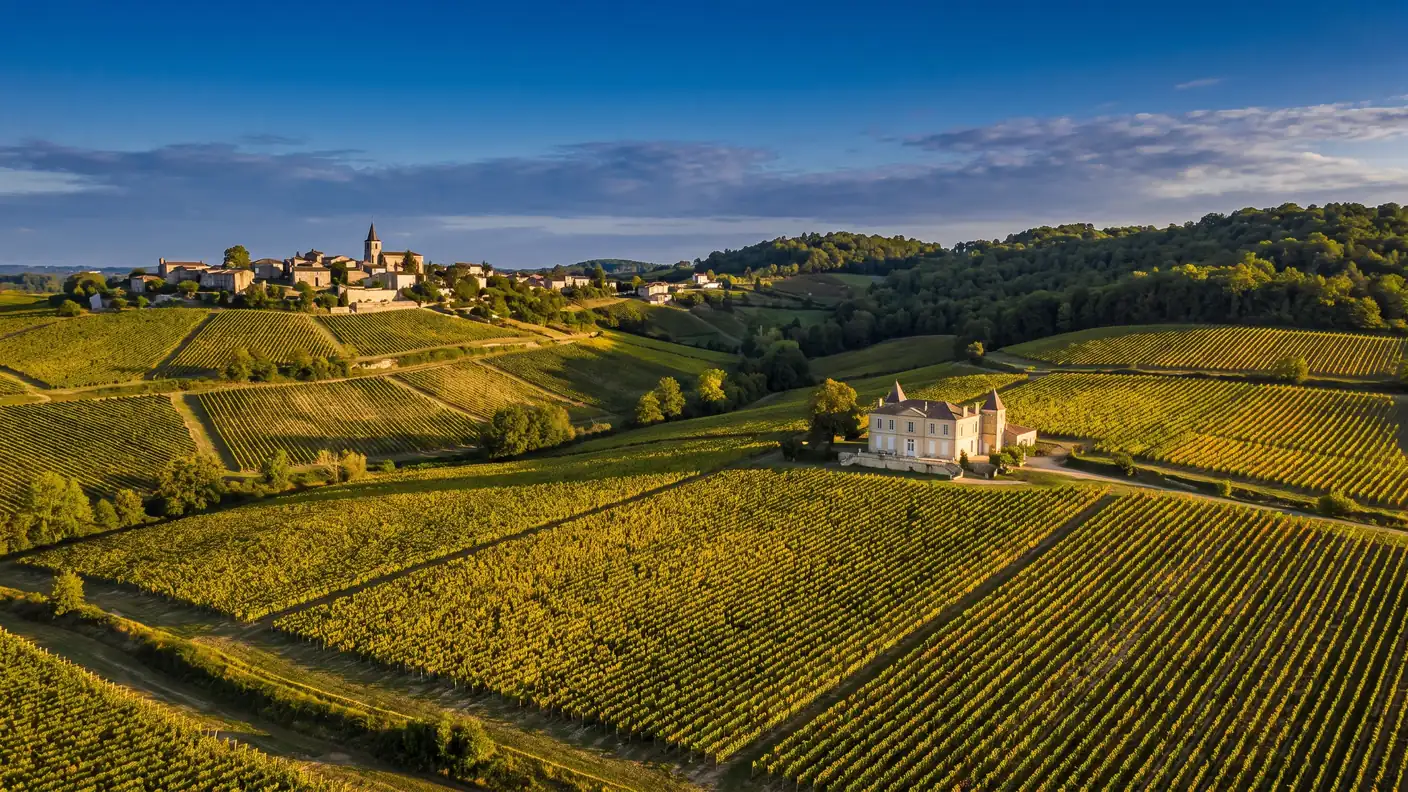 Des vignes de Bordeaux dorées sur des coteaux au pied d'un village perché, à la lumière de fin d'été