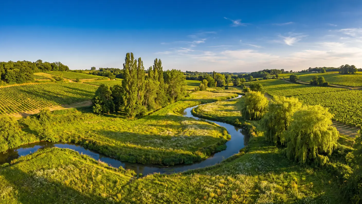 Une vallée verdoyante d'une petite rivière, ruisseau serpentant entre prairies, peupliers et coteaux de vignes