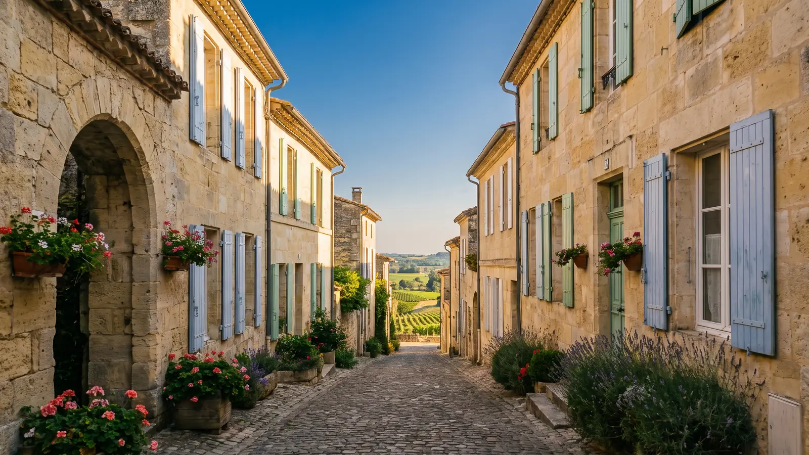 Une ruelle pavée d'un village perché, maisons de pierre à volets pastel et jardinières, ouvrant sur la vallée des vignes