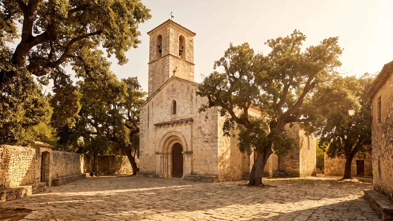 Modeste église ancienne en pierre claire à Gujan-Mestras, clocher carré parmi de vieux arbres, lumière chaude de fin