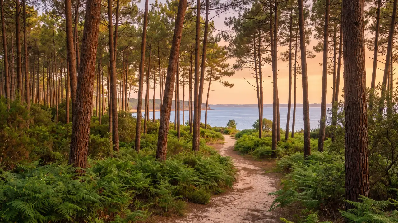 Forêt de pins maritimes près de Gujan-Mestras dans une lumière chaude, troncs élancés, tapis de fougères et sentier