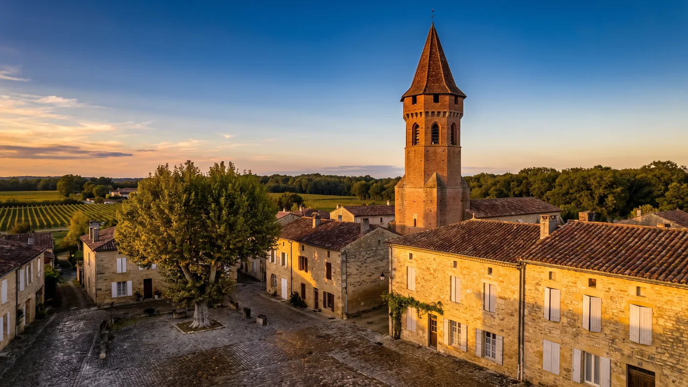 Le village de Hontanx et sa tour de brique dominant les toits, entouré de vignes du Bas-Armagnac, au couchant
