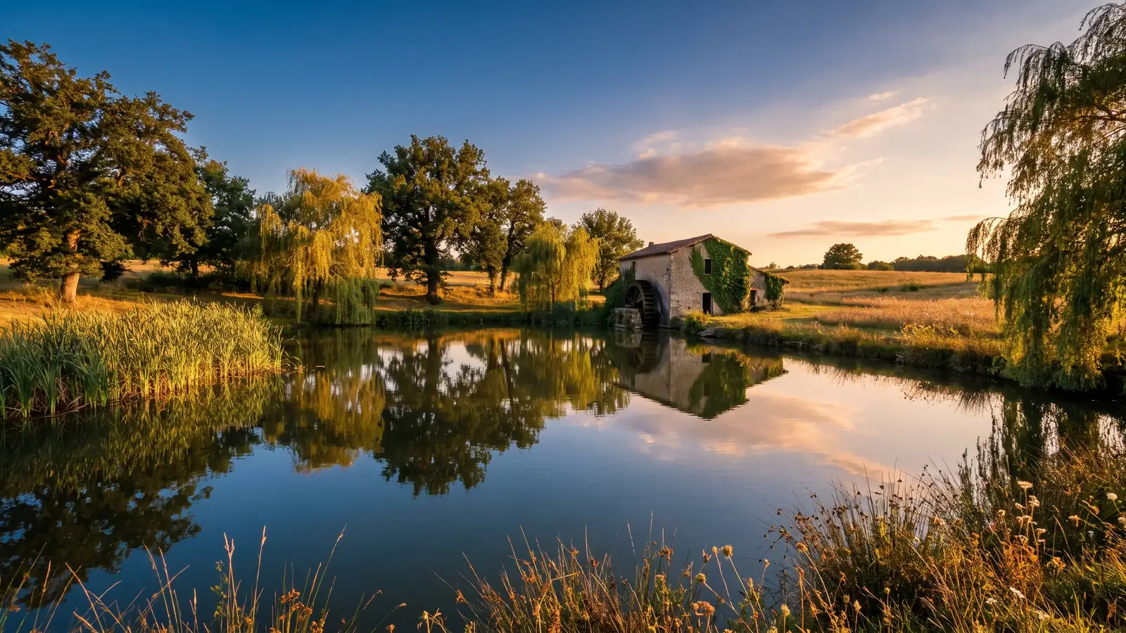 Un grand étang paisible bordé de roseaux et d'arbres, un vieux moulin de pierre sur la rive, dans le Bas-Armagnac