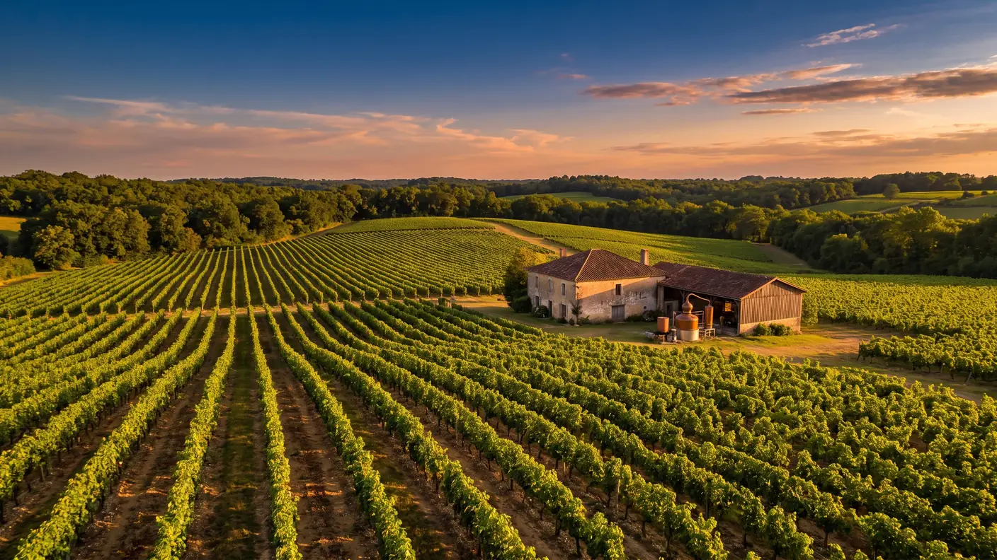 Des rangs de vigne d'armagnac sur des coteaux de sable fauve, une ferme et son chai, dans le Bas-Armagnac landais