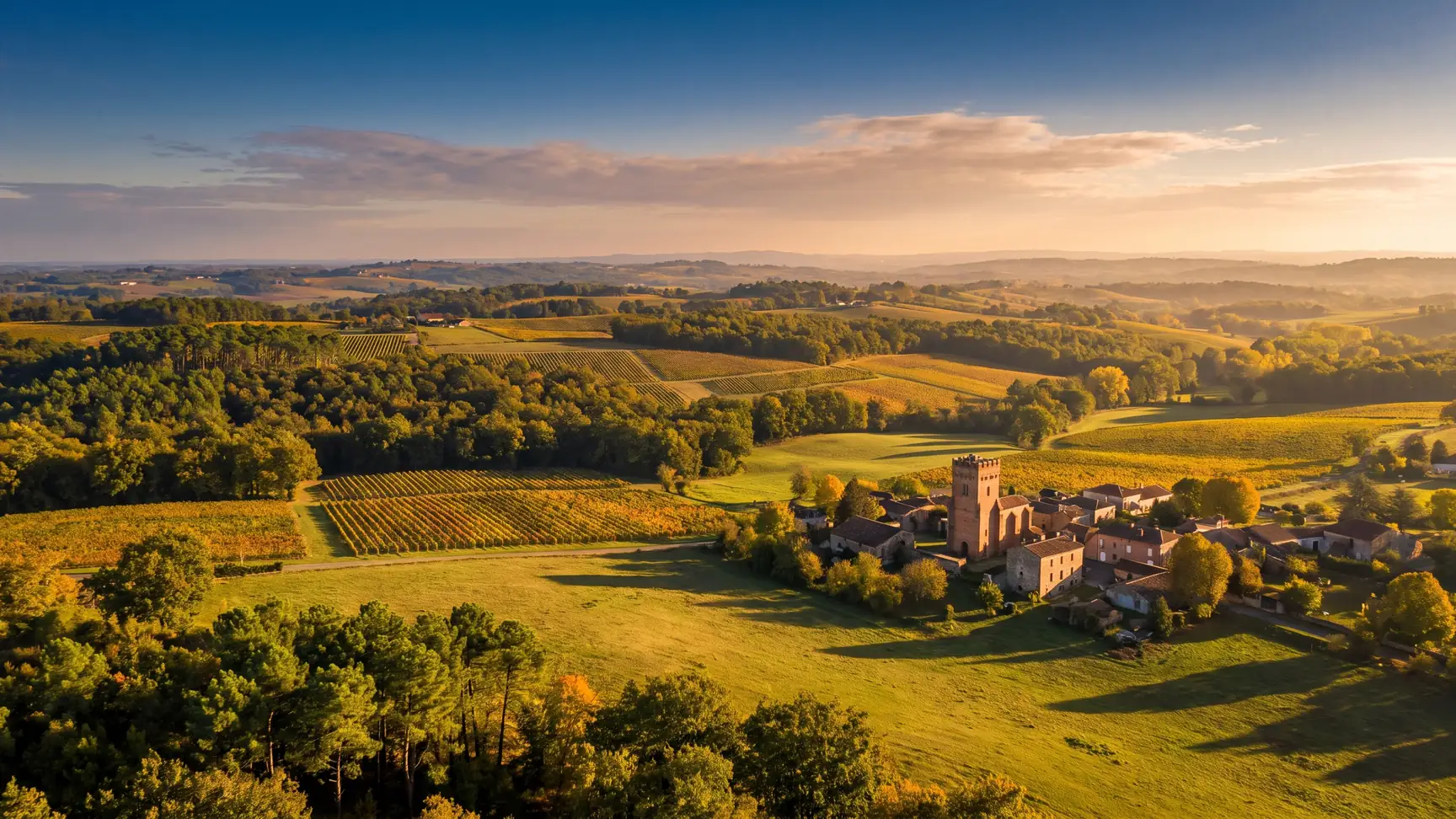 Un vaste panorama du Bas-Armagnac, vignes, forêts et prés vallonnés, un village et son clocher au loin