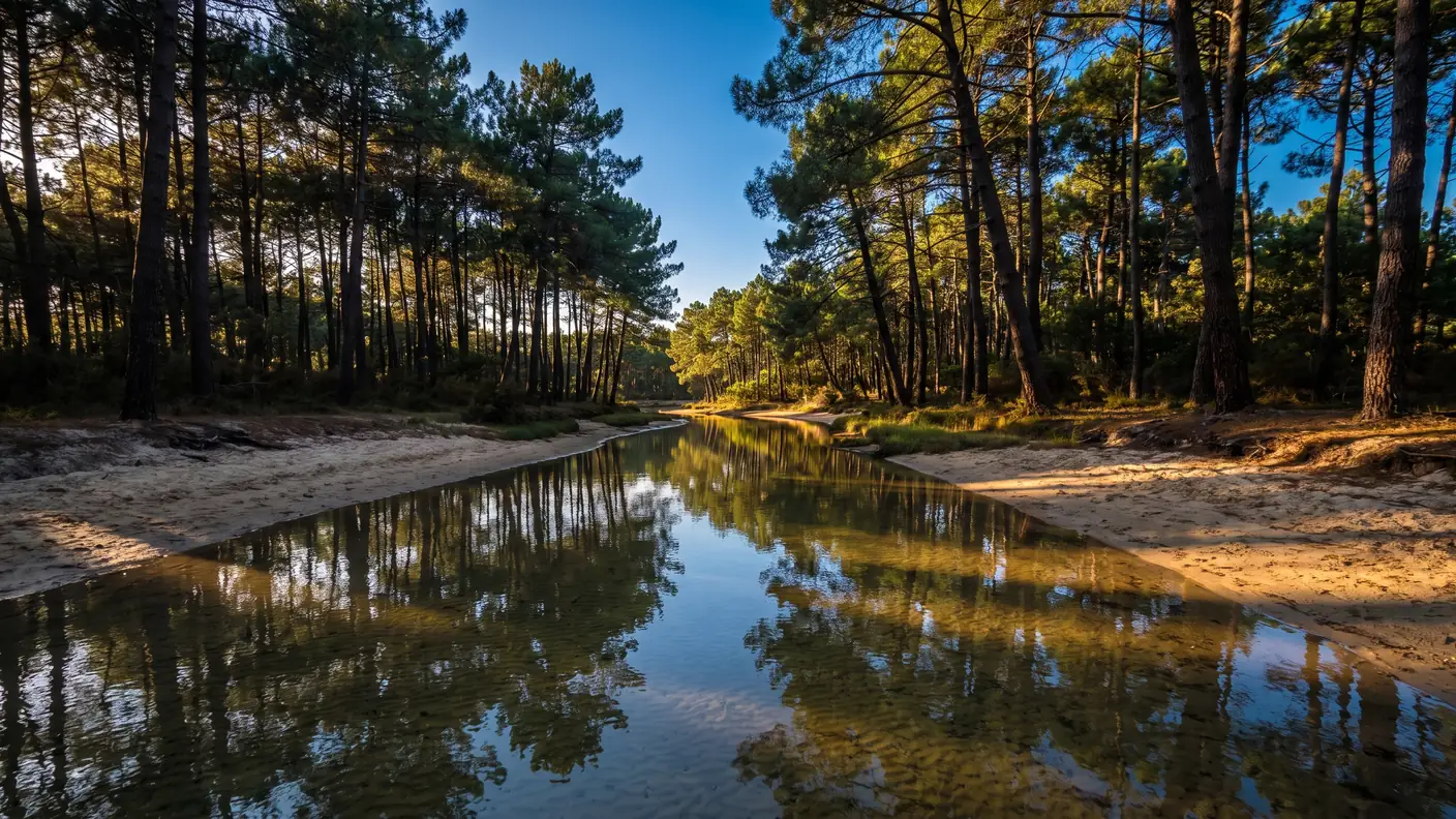 Un chenal d'eau claire serpentant entre des berges boisées de grands pins maritimes, dans les Landes