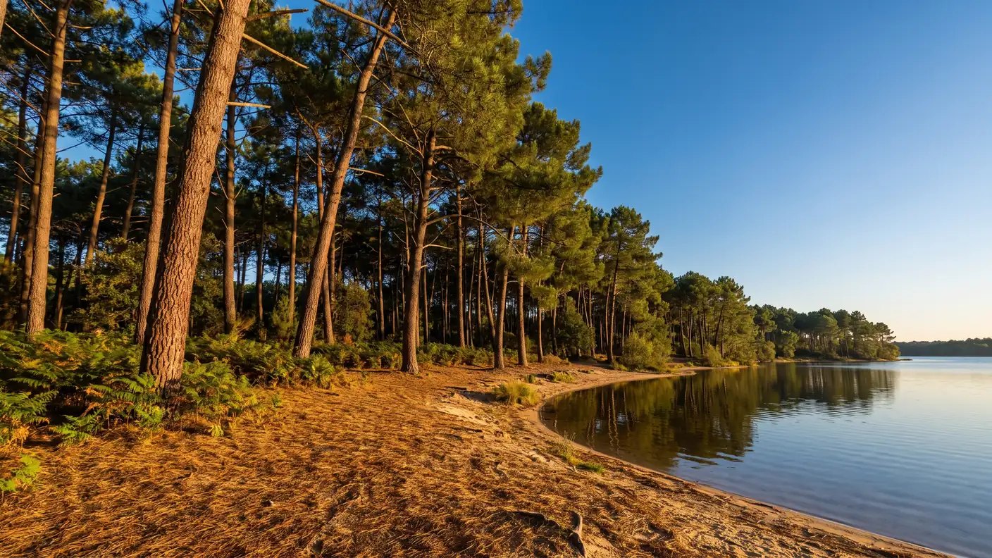 De grands pins maritimes bordant la rive d'un lac calme sur la côte sud des Landes, troncs roux reflétés