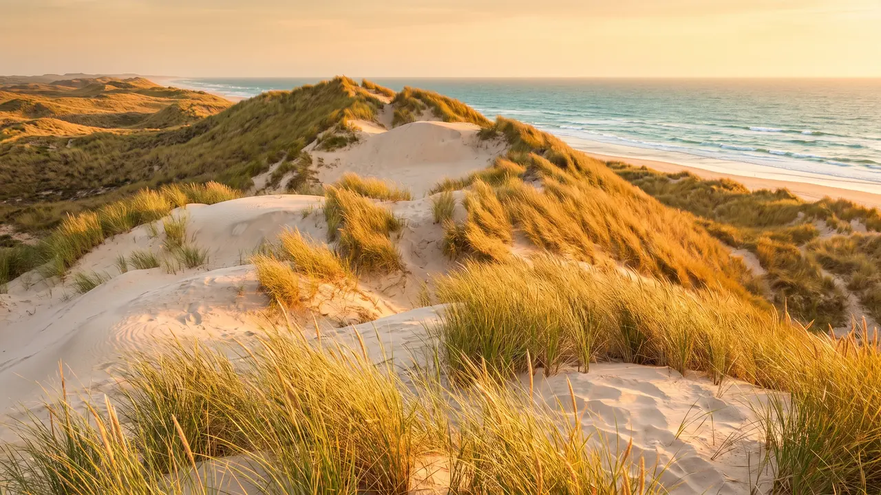 Haute dune de sable pâle couronnée d'oyats à Hourtin-Plage sous un ciel doré, l'Atlantique miroitant au-delà de la crête