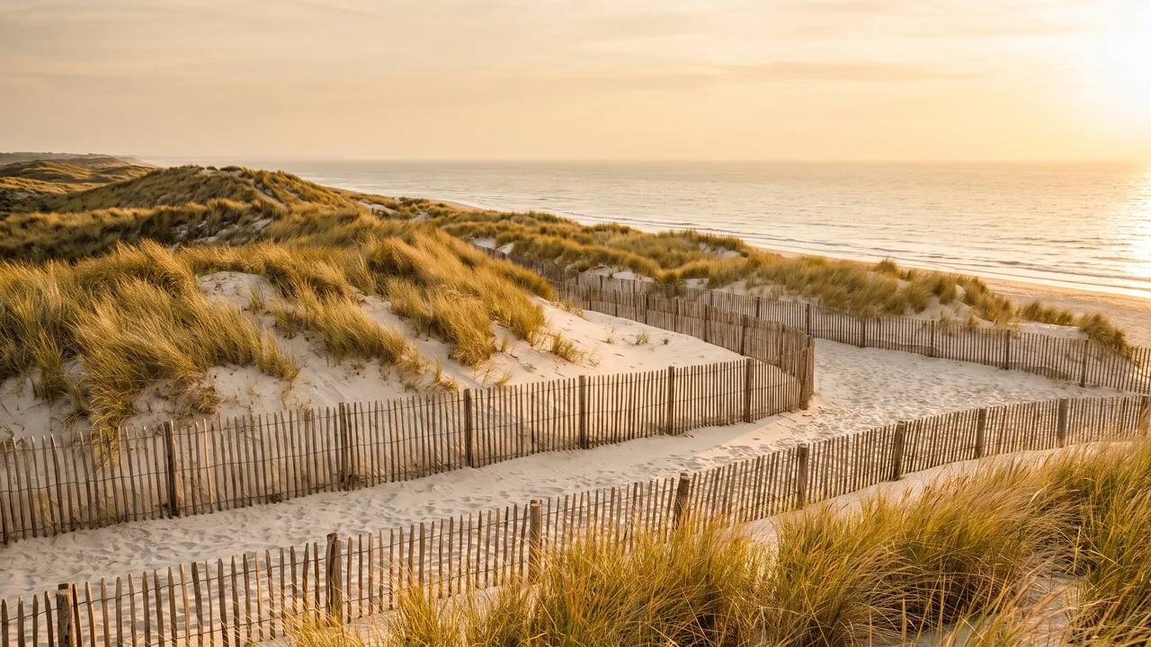 Barrières de bois (ganivelles) traversant une dune d'oyats vers l'océan à Hourtin-Plage, lumière chaude de l'après-midi