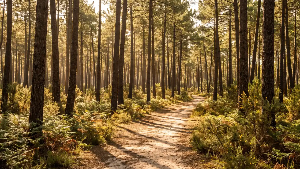 Forêt plate de pins maritimes du Médoc à Hourtin, troncs élancés, fougères et sentier sablonneux