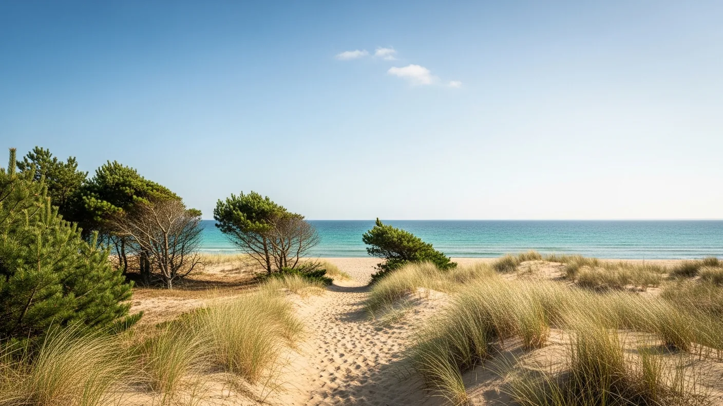Plage bordée de pins vers Les Portes-en-Ré, étape depuis Le Bois-Plage