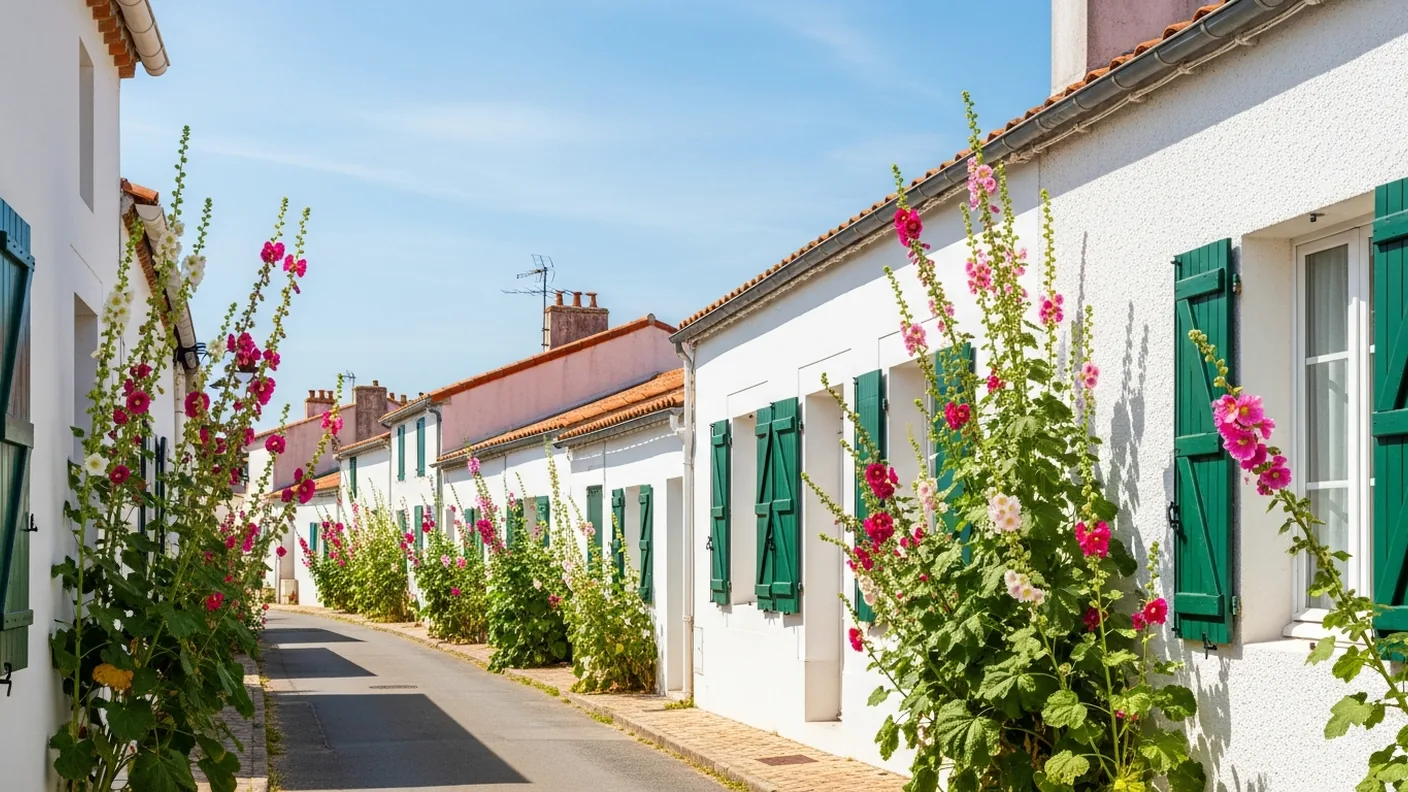 Maisons blanches et roses trémières à Saint-Martin-de-Ré
