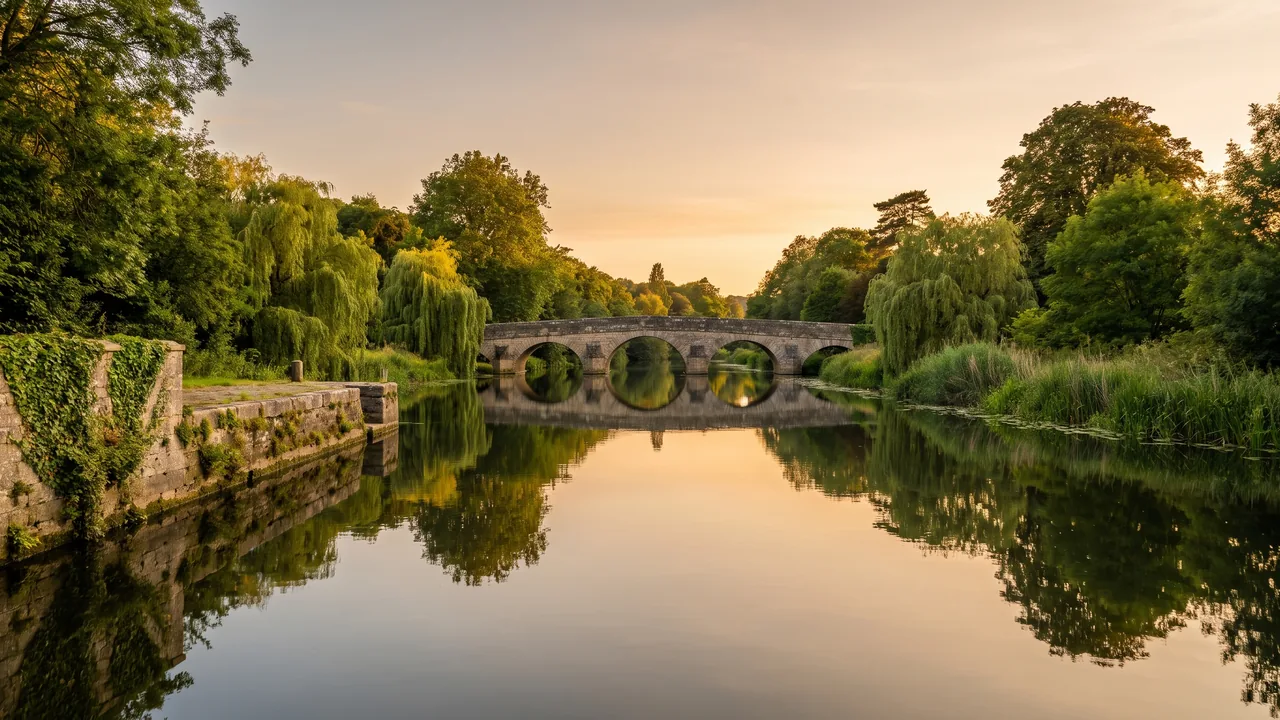 Berges verdoyantes de la Charente à Jarnac au soleil couchant, quai de pierre et pont en arc reflétés dans l'eau calme