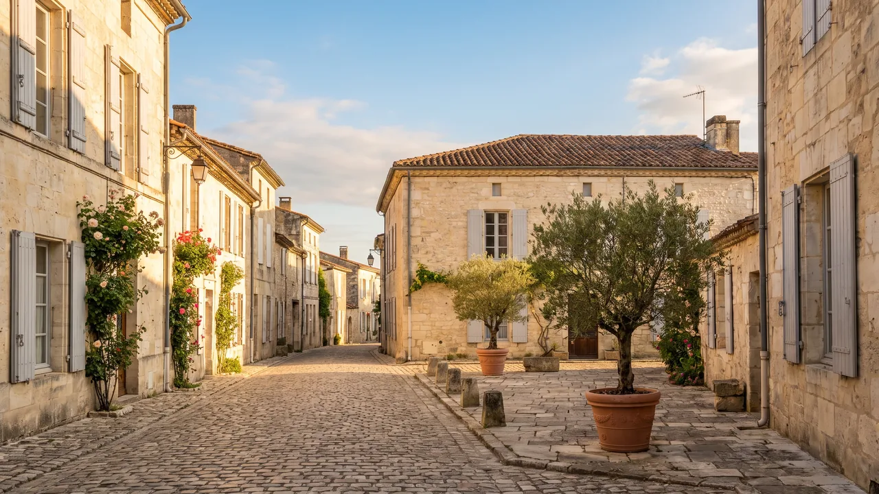 Ruelle ancienne de Jarnac, maisons de pierre claire à volets et petite place, pavés et lumière chaude, sans voiture