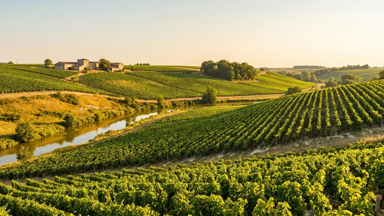 Rangs de vignes de cognac sur un coteau crayeux de Charente près d'une rivière, feuillage vert vif, lumière chaude