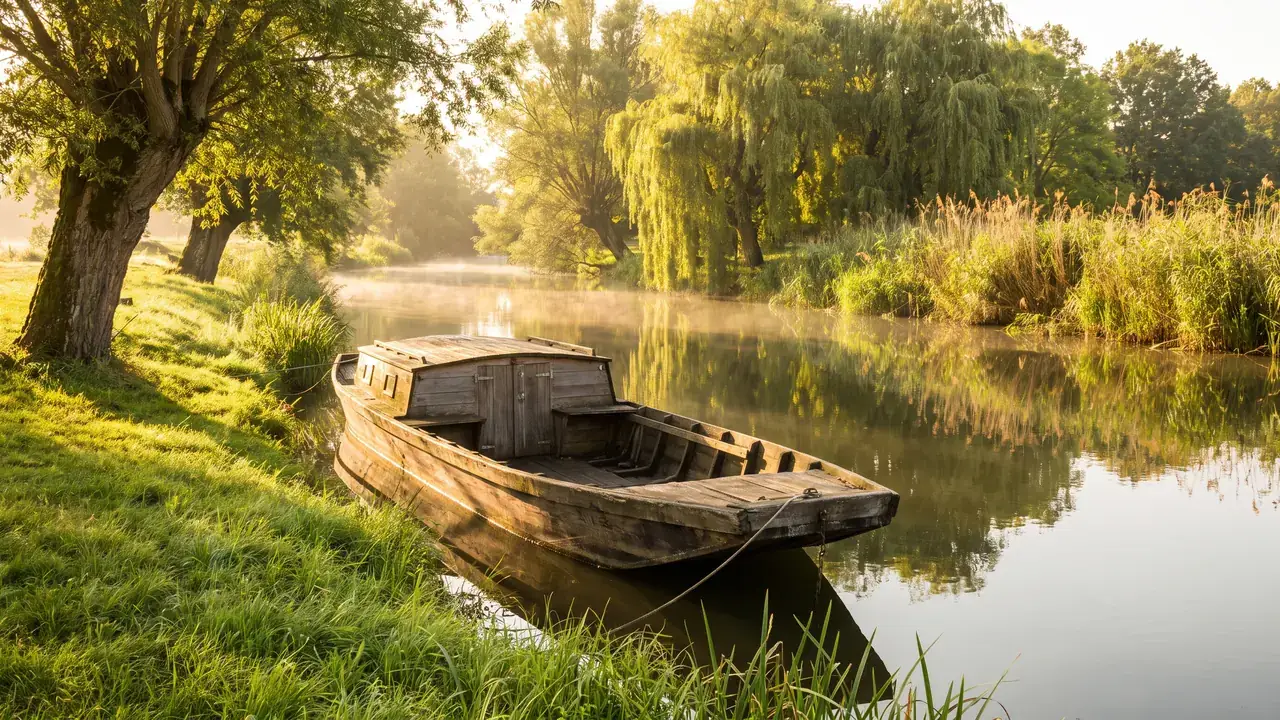 Gabare traditionnelle à fond plat en bois, amarrée vide sur la Charente à Jarnac au petit matin, reflets et saules