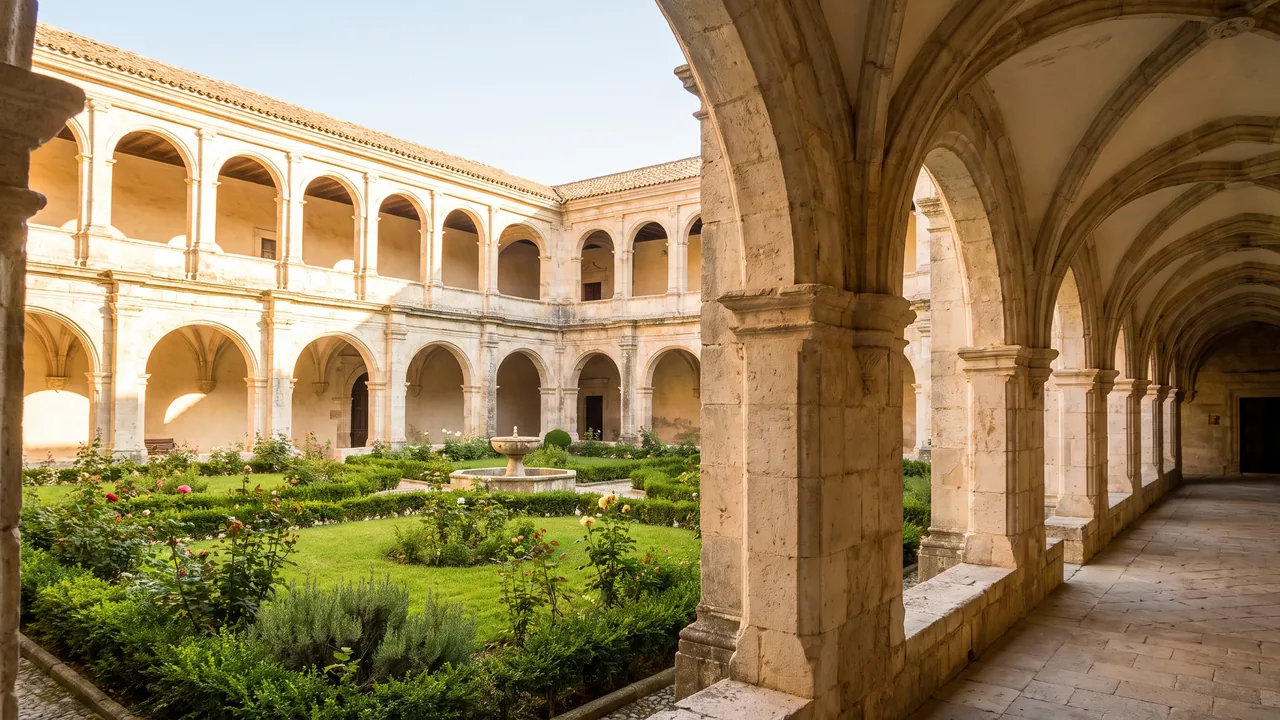 Cloître de pierre claire du couvent des Carmes de Jonzac, galeries d'arcades autour d'un jardin intérieur