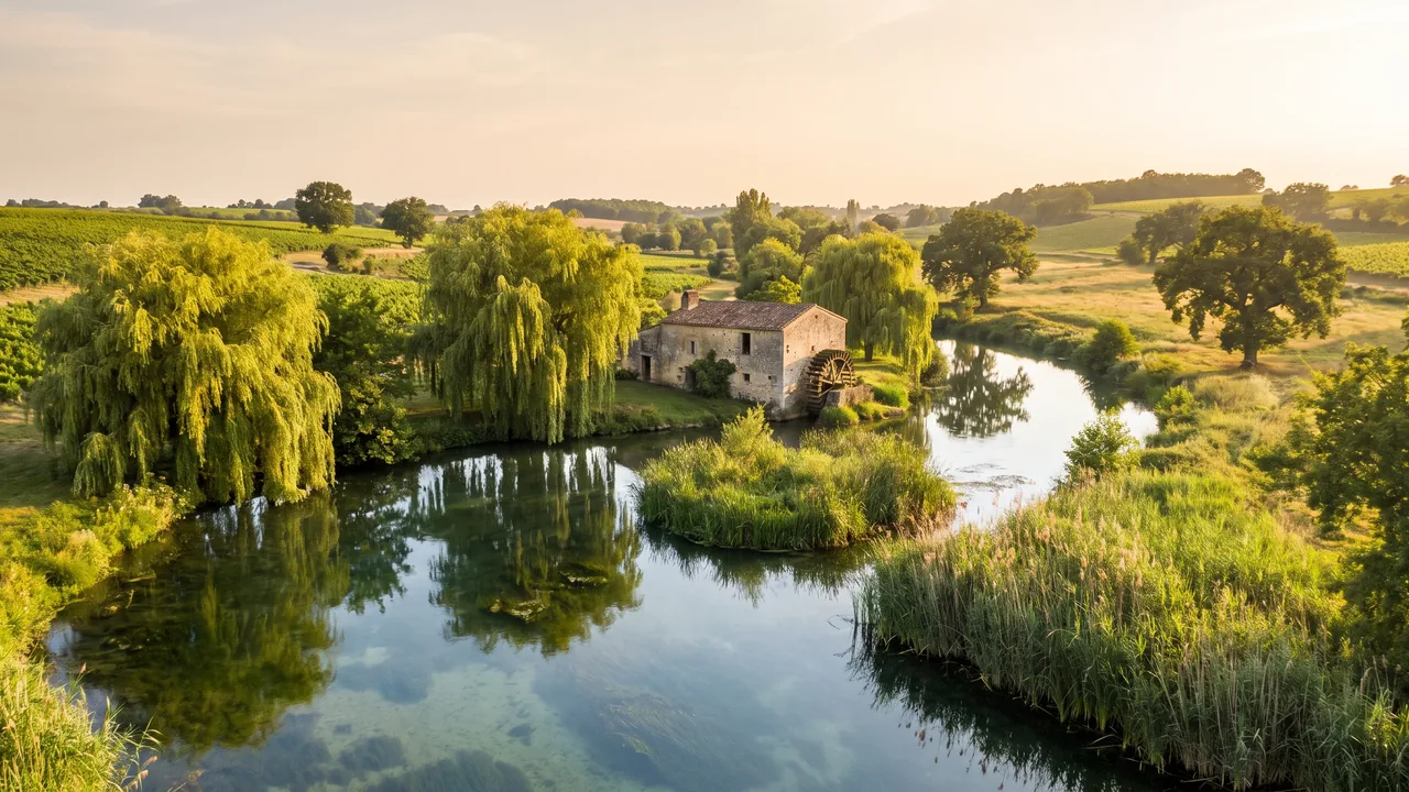 La Seugne à Jonzac, petite rivière claire entre saules et roseaux dans un vallon verdoyant, reflets et lumière douce