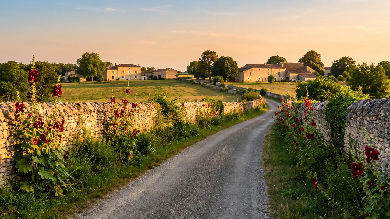 Ruelle ancienne de Jonzac, maisons de pierre claire à volets, pavés et lumière douce, sans voiture ni passant