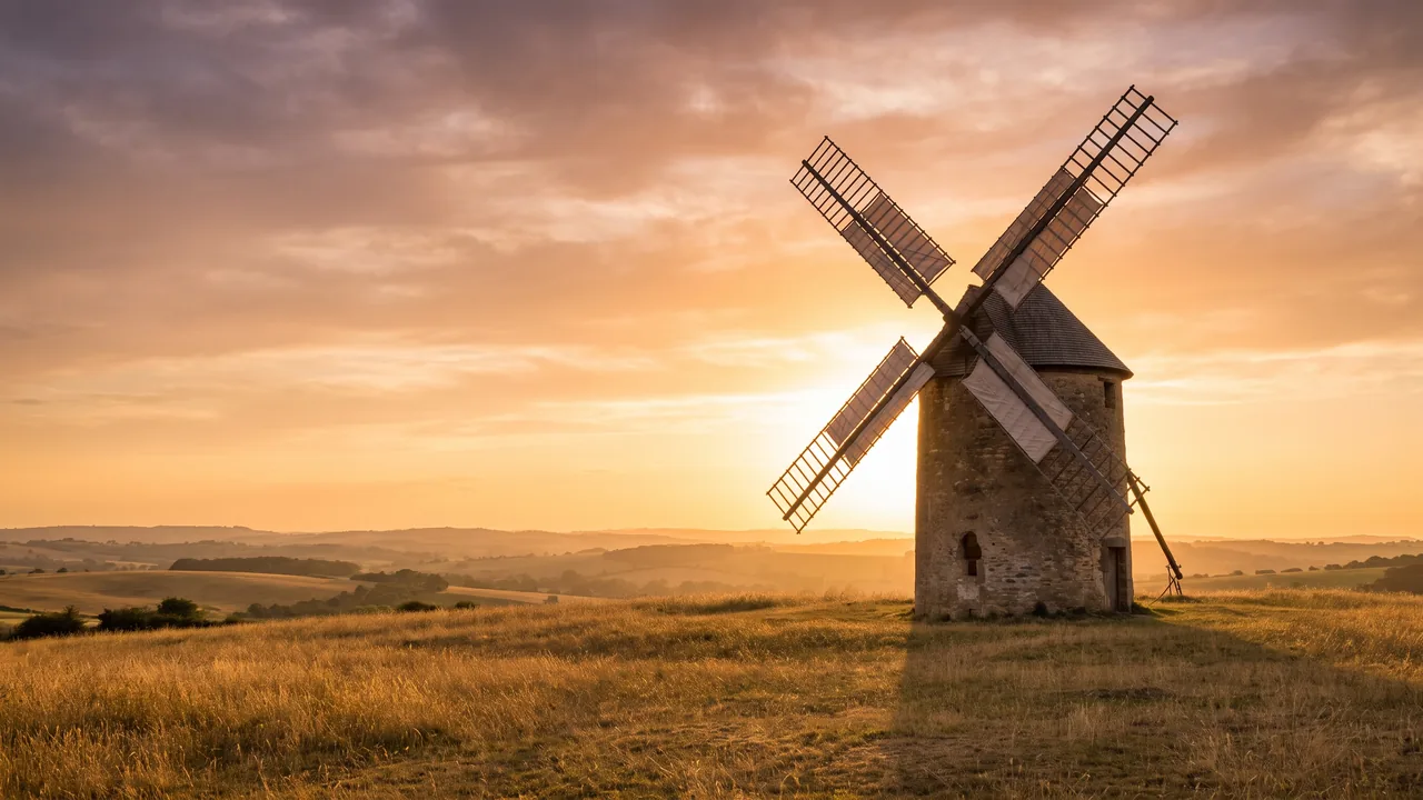 Ancien moulin à vent en pierre sur une hauteur herbeuse près de Jonzac, ailes contre un ciel lumineux, campagne autour