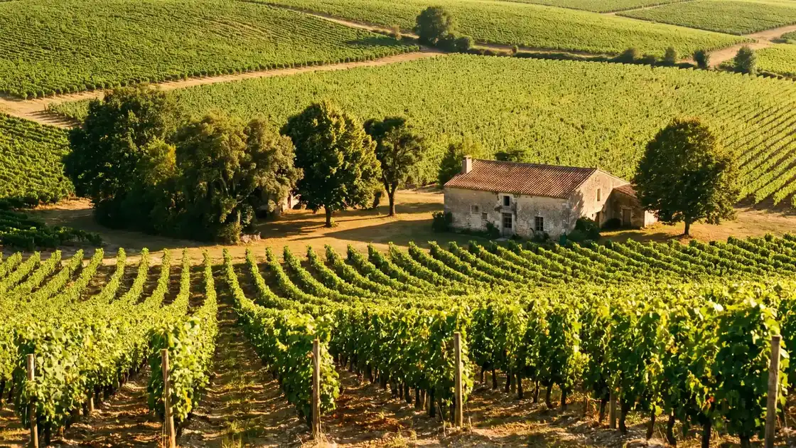 Rangs de vignes de cognac sur un coteau crayeux de Haute-Saintonge, feuillage vert vif sous une lumière chaude