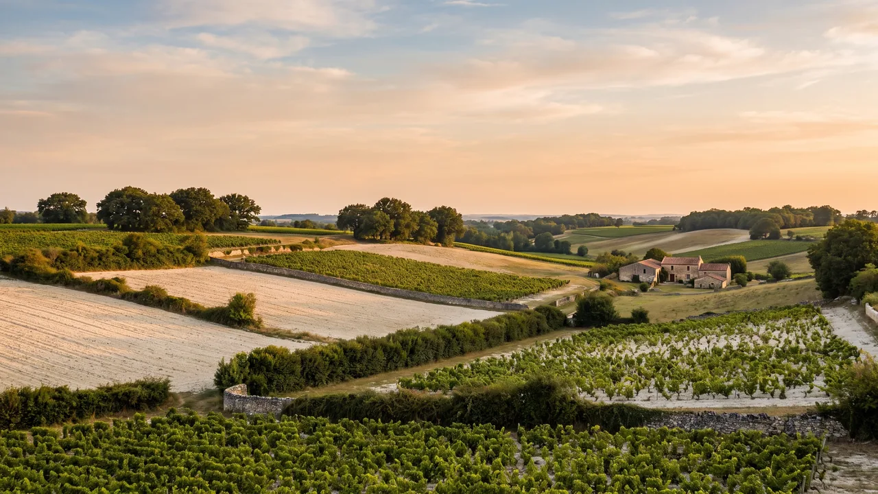 Campagne vallonnée de Haute-Saintonge près de Jonzac, champs de terre claire et vignes, bosquets et ferme de pierre