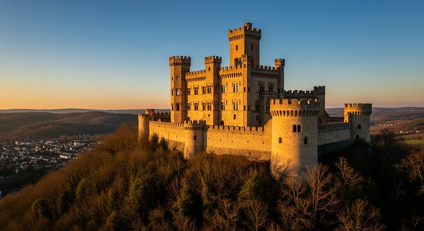 Vestiges d'un château Renaissance sur sa colline boisée, tours rondes et fenêtres sculptées, évocation du château de Beaufort