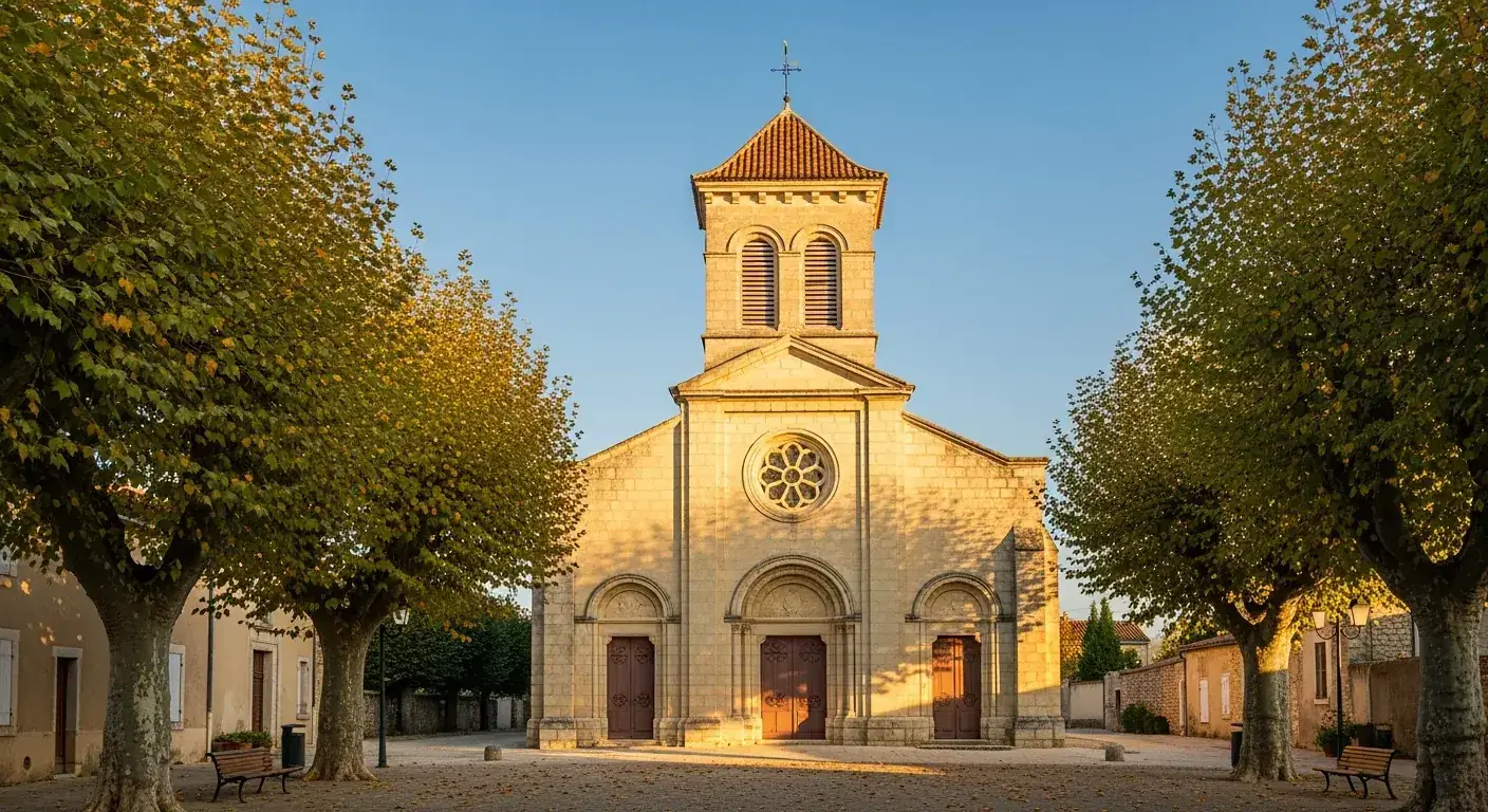 Église de village en pierre claire à façade classique et clocher à deux pans, évocation de Saint-Germain de Juillac