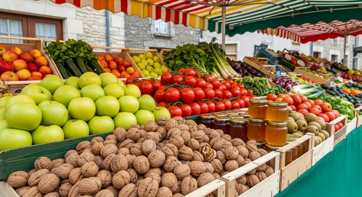 Étal de marché de village : caisses de pommes golden, noix et miel sous un auvent, comme au marché du vendredi de Juillac
