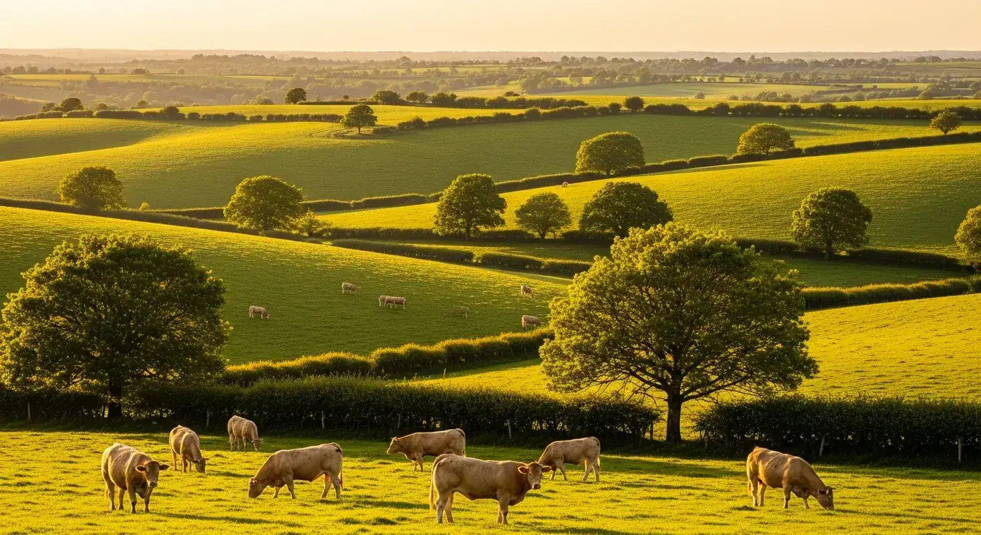 Vaches limousines à la robe froment dans un pré vallonné bordé de haies, bocage corrézien en lumière dorée