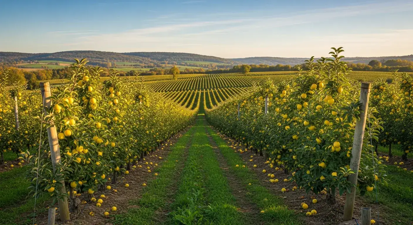 Vergers de pommiers chargés de golden sur les coteaux du Limousin, aire de la pomme AOP