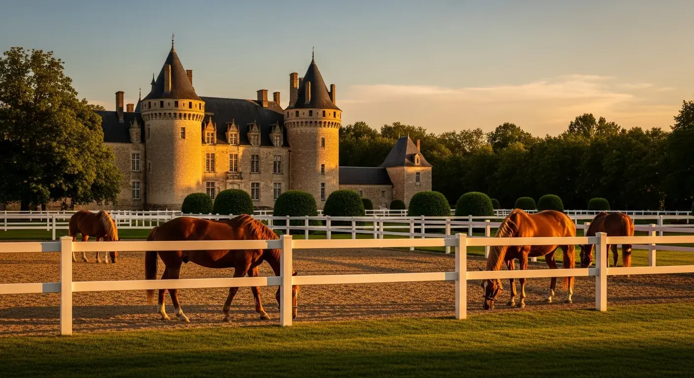 Chevaux au pré devant un château médiéval, évocation du haras de Pompadour à une douzaine de kilomètres de Juillac