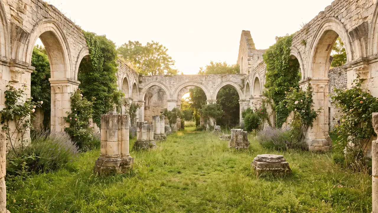 Ruines du cloître de l'abbaye de La Couronne, arcades de pierre érodées et bases de colonnes autour d'une cour herbeuse