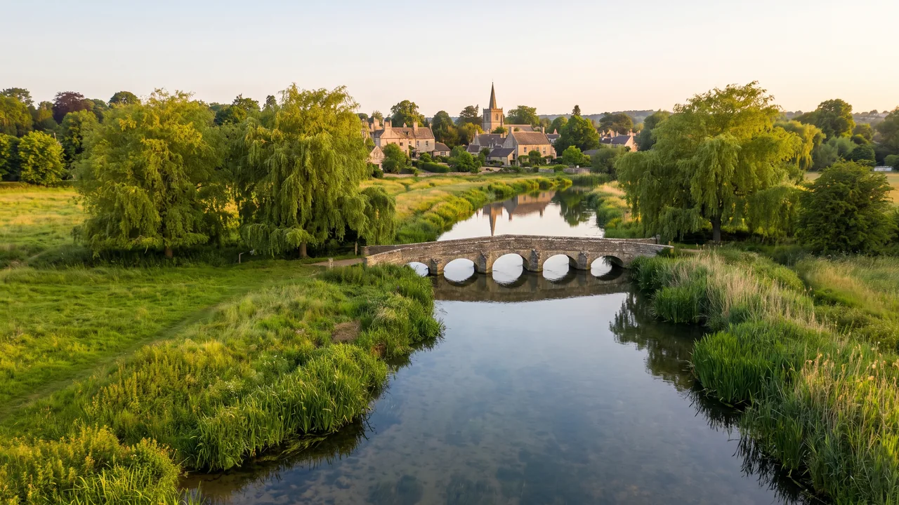 Petite rivière claire, la Boëme, serpentant entre prairies et saules près de La Couronne, eau calme et pont de pierre bas