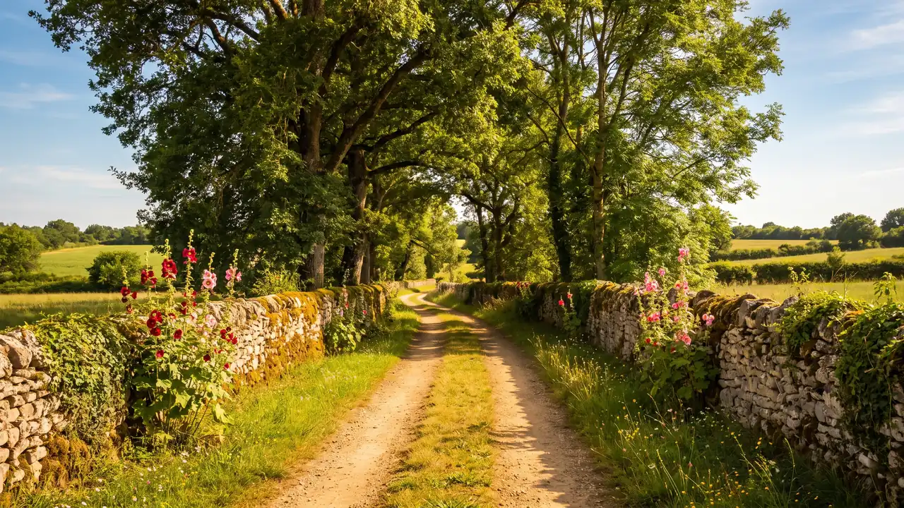 Chemin de campagne bordé de vieux murs de pierre et de roses trémières sous des arbres, en Angoumois