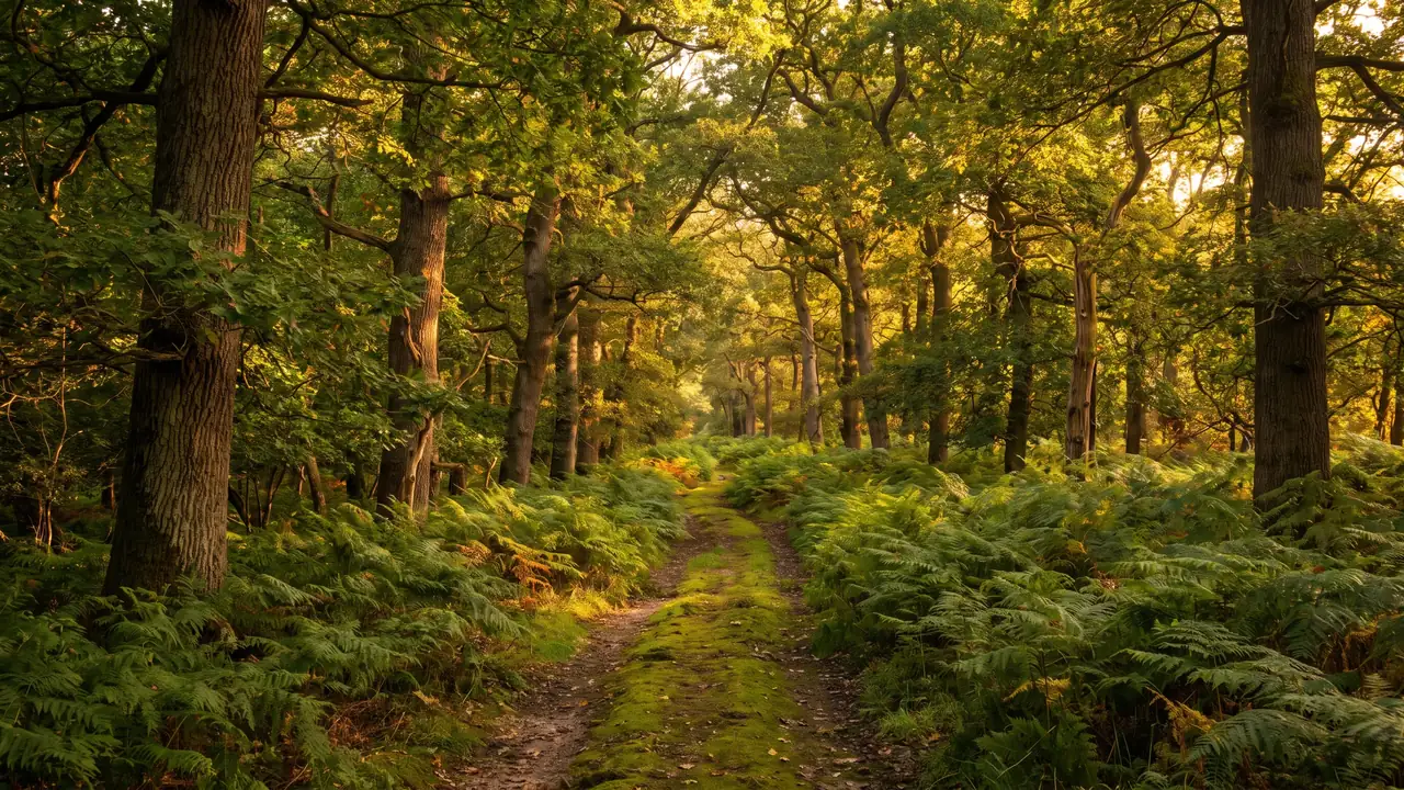 Sous-bois paisible de chênes et de châtaigniers en lumière chaude, tapis de fougères et sentier serpentant entre les troncs
