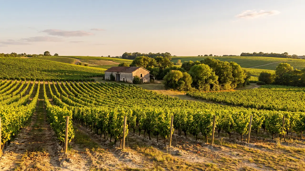 Rangs de vignes de cognac sur un coteau crayeux de l'Angoumois, feuillage vert vif sous une lumière chaude de fin de journée