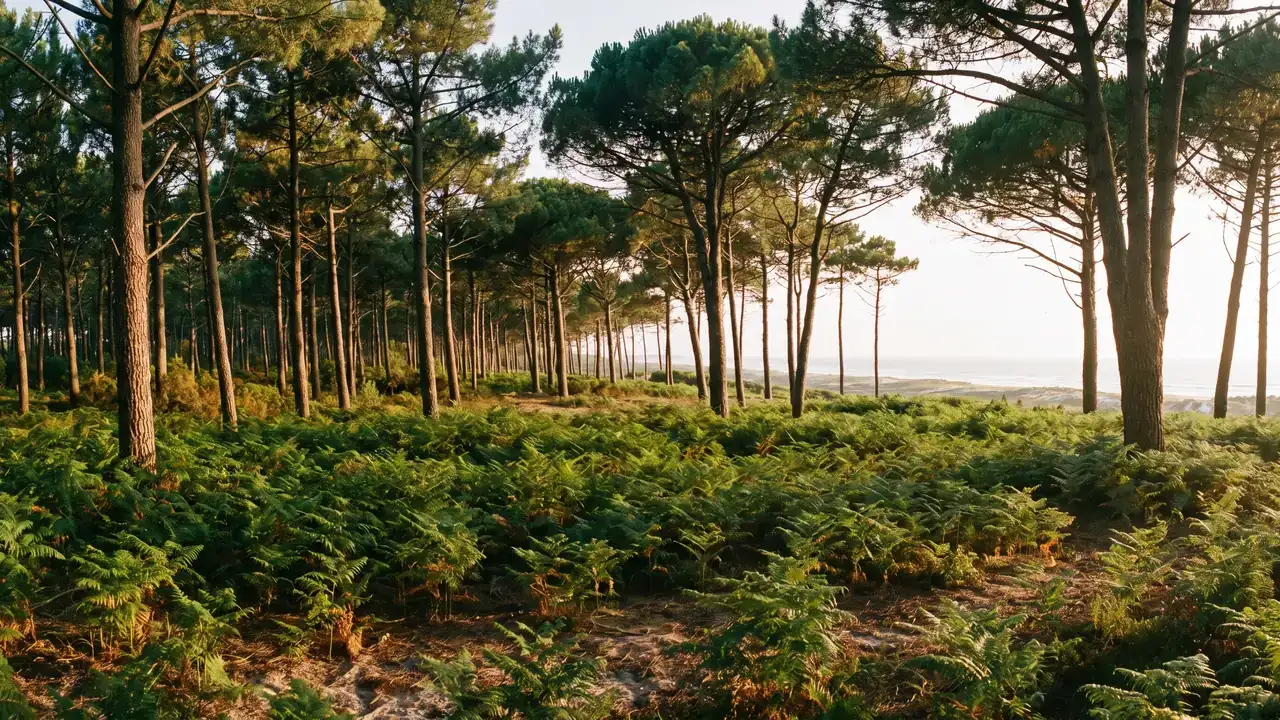 Immense forêt de pins maritimes de la Coubre, hauts pins parasols sur un sol de fougères et de sable, lumière chaude filtrée