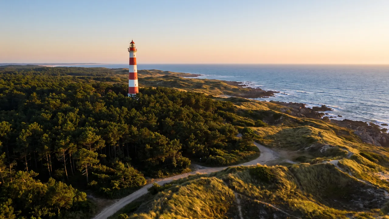 Haut phare à larges bandes rouges et blanches dominant la forêt de pins et les dunes près de l'Atlantique, ciel clair