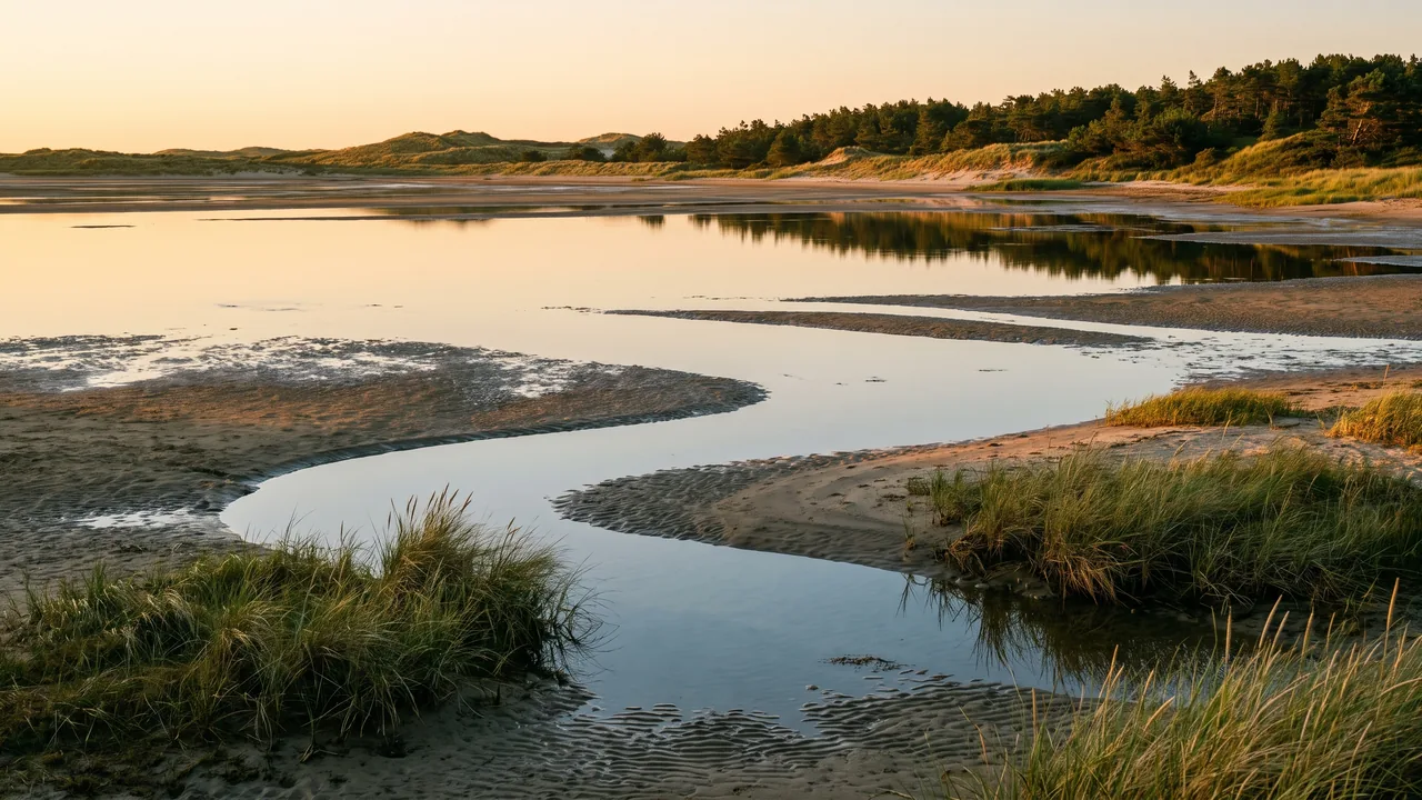 Lagune peu profonde de la baie de Bonne Anse à marée basse près des dunes boisées, eau miroir et sable humide, lumière douce