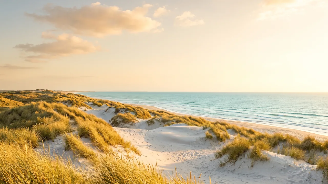 Dunes de sable blanc couronnées d'oyats descendant vers l'Atlantique turquoise sous un grand ciel lumineux