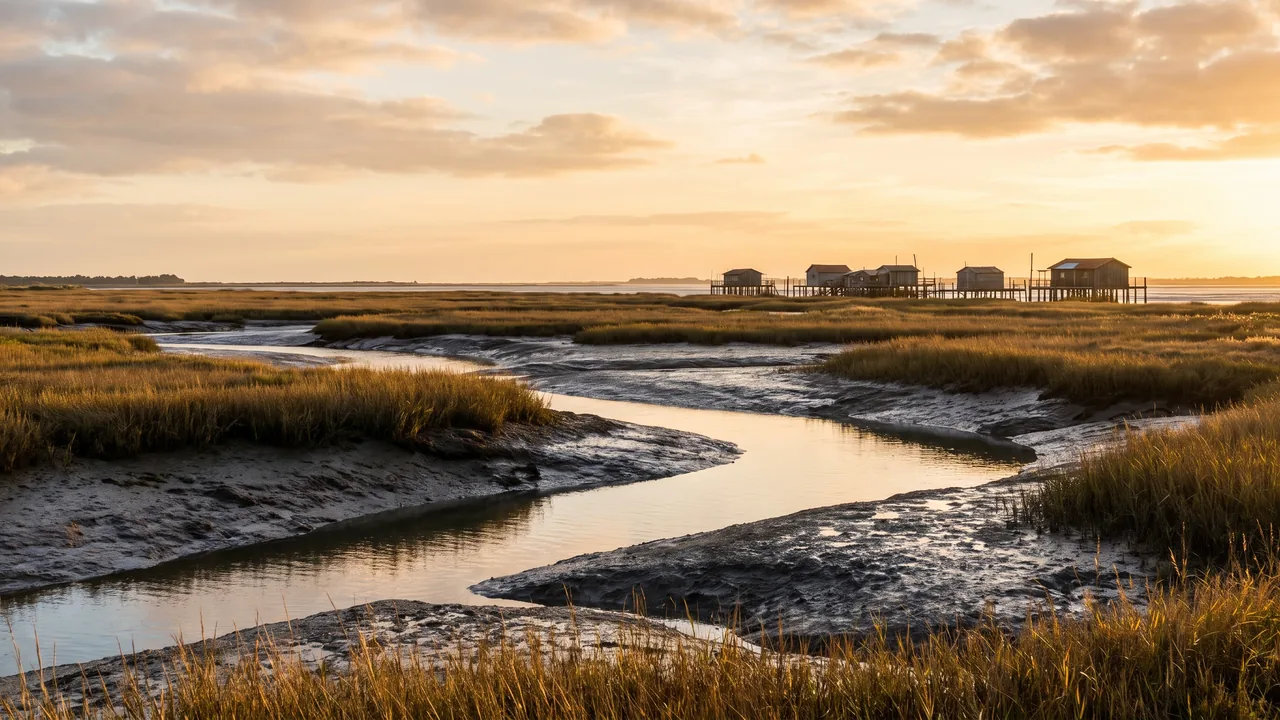 Chenaux ostréicoles d'un marais littoral à marée basse, eau miroir entre bancs de vase et cabanes basses