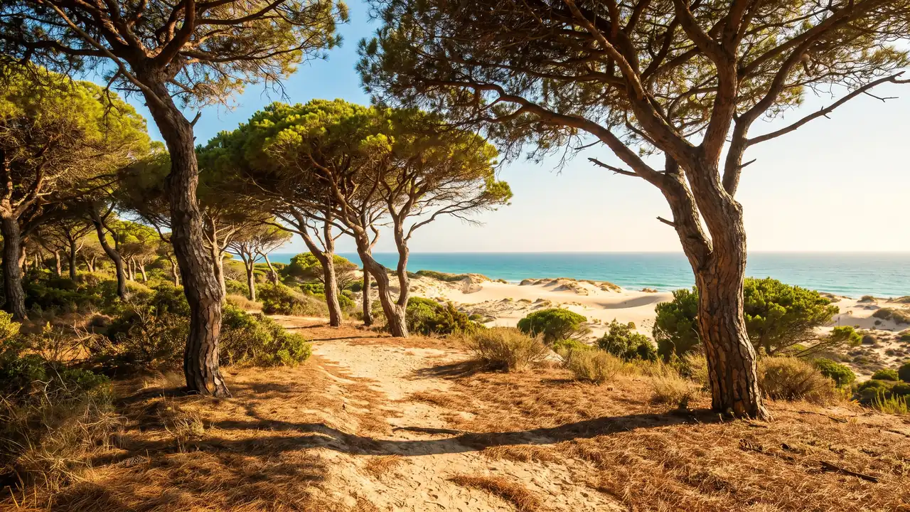 Sentier de sable serpentant entre les pins de la forêt côtière vers les dunes et la mer, lumière chaude et dorée